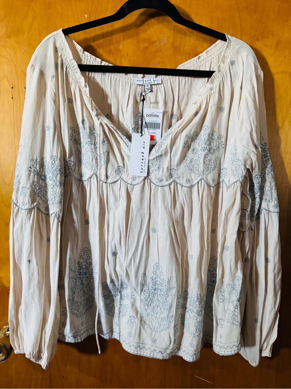 Current Air Ivory Peasant Blouse with Pale Blue Embroidery